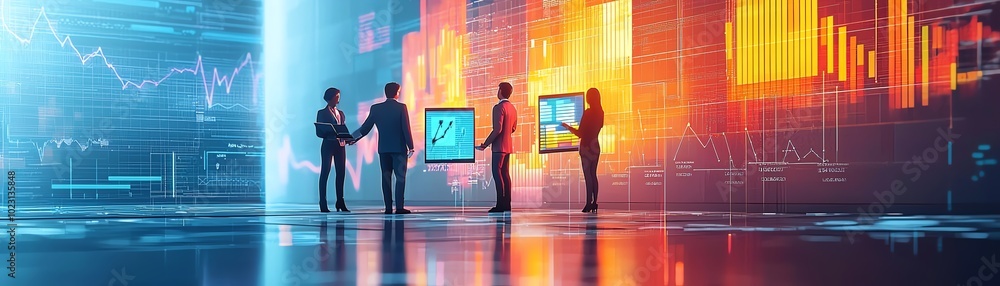 Poster business professionals discussing data analytics in a modern office environment with vibrant visual 