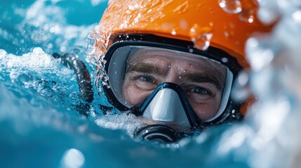 A focused diver emerges amidst swirling blue ocean waters, wearing a distinctive orange helmet and gear, exemplifying alertness and concentration underwater.