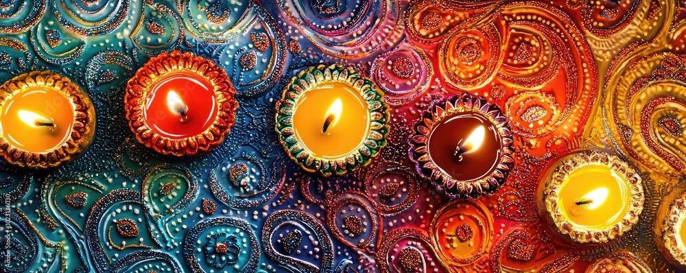 Poster vibrant candles illuminating a colorful background, creating a serene and festive atmosphere. perfec