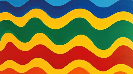 A vibrant, abstract painting featuring colorful wavy lines in various hues.