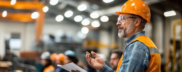Trainer demonstrating safety equipment use during workplace safety talk, workers listening attentively, highlighting training and accident prevention