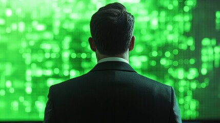 Businessman Observing Data on Green Screen Display, Back View, Technology, Data Analysis