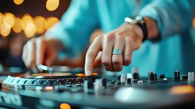 Hands of a DJ intensely manipulating the controls of a DJ controller, showing the intense concentration required to create seamless musical experiences.