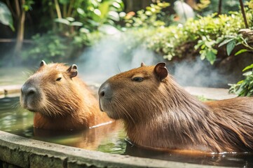 Capture a pair of capybaras relaxing in a natural hot spring, surrounded by steam and lush greenery.
