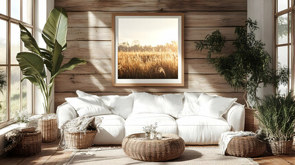 Cozy living room with natural decor and warm lighting.