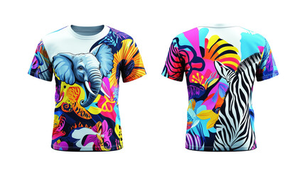 Front and back view of a t-shirt mockup template, featuring a cheerful elephant and zebra illustration, a t-shirt mockup with an elephant and zebra illustration, png , on a transparent backgrounds