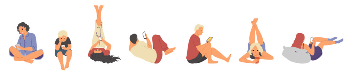 People with mobile phones sitting in different poses set. Young man and woman cartoon characters using gadgets for chatting in social media, surfing on internet vector illustration