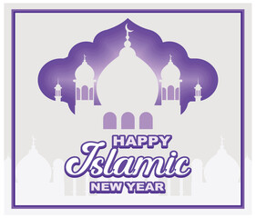 Happy islamic new year greeting card with mosque. flat vector modern illustration