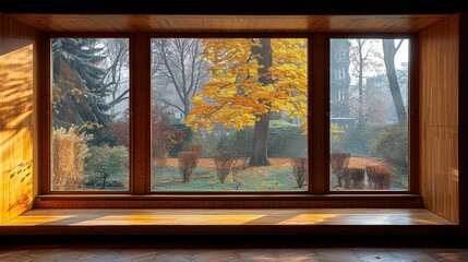A serene view of a lush garden through large wooden-framed windows, showcasing the vibrant colors of autumn foliage and warm natural light