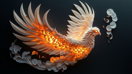 Obraz premium Detailed paper cut phoenix in flight, with layered feathers and flames, showcasing intricate craftsmanship, paper cut phoenix, intricate mythological art