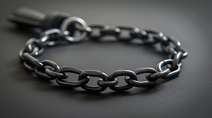 Obraz premium Close-up image of a metallic bracelet with a chain-link design prominently displayed on a smooth, dark background providing a sleek and modern aesthetic