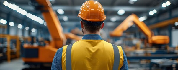 Factory manager addressing employees in front of heavy machinery, discussing hazard risks, focus on reducing workplace dangers through safety protocols