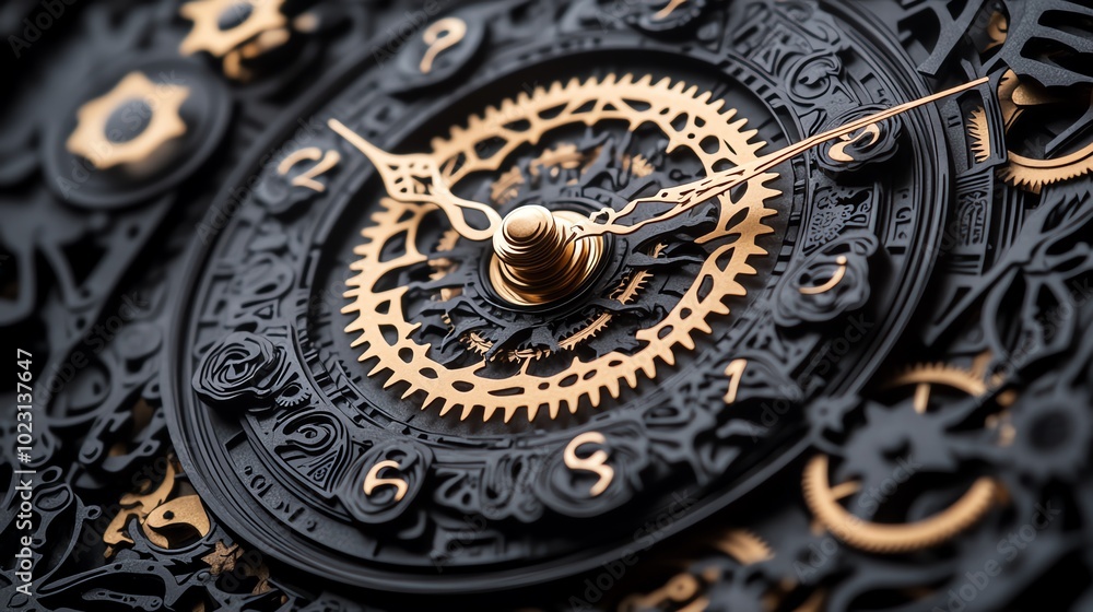 Poster paper cut clock face with intricate gears and finely detailed numbers, creating a steampunk aestheti