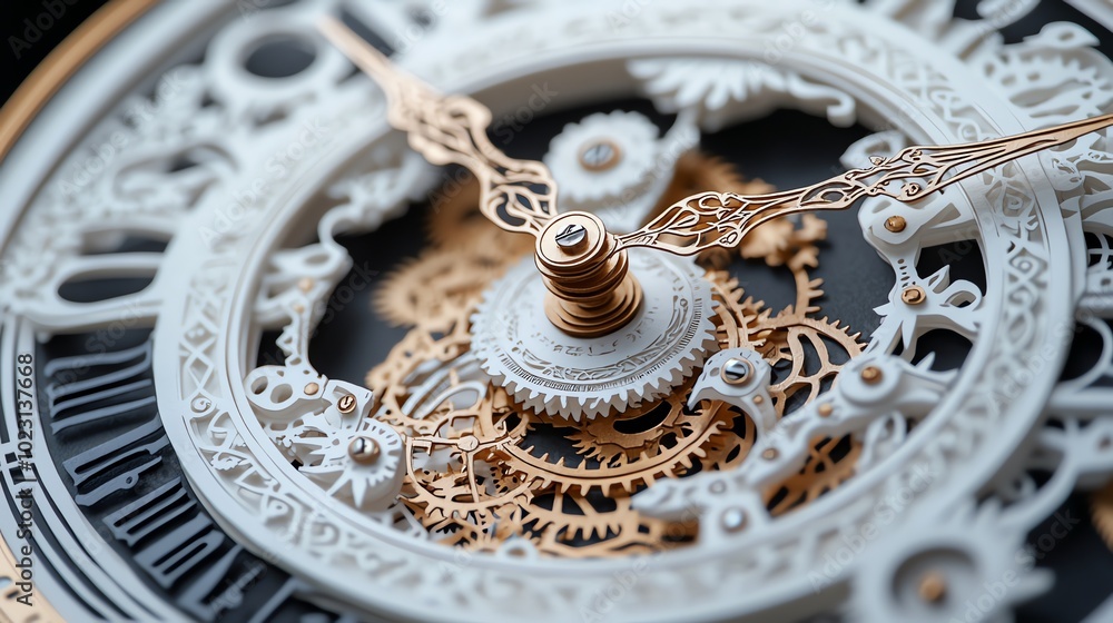 Poster paper cut clock face with intricate gears and finely detailed numbers, creating a steampunk aestheti