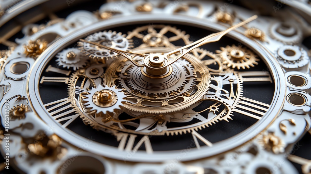 Poster paper cut clock face with intricate gears and finely detailed numbers, creating a steampunk aestheti