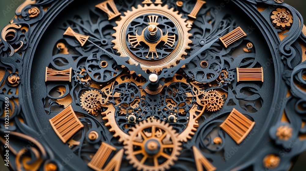 Poster paper cut clock face with intricate gears and finely detailed numbers, creating a steampunk aestheti