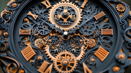 Obraz premium Paper cut clock face with intricate gears and finely detailed numbers, creating a steampunk aesthetic, paper cut clock, intricate mechanical art