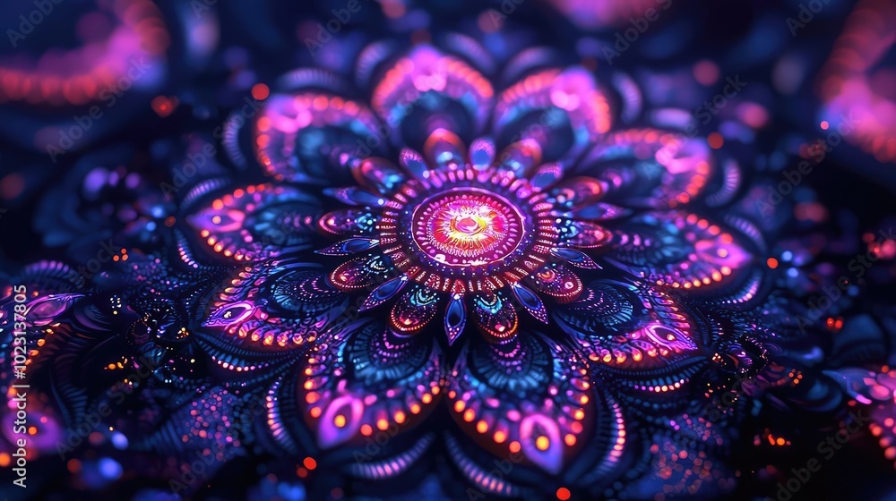 Poster a stunning abstract flower design illuminated with vibrant purple and pink colors, creating a mesmer