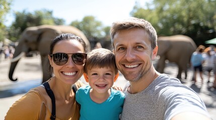 A cheerful family captures a memorable moment while taking a selfie in front of elephants at the zoo, showcasing happiness and bonding in the warmth of daylight.
