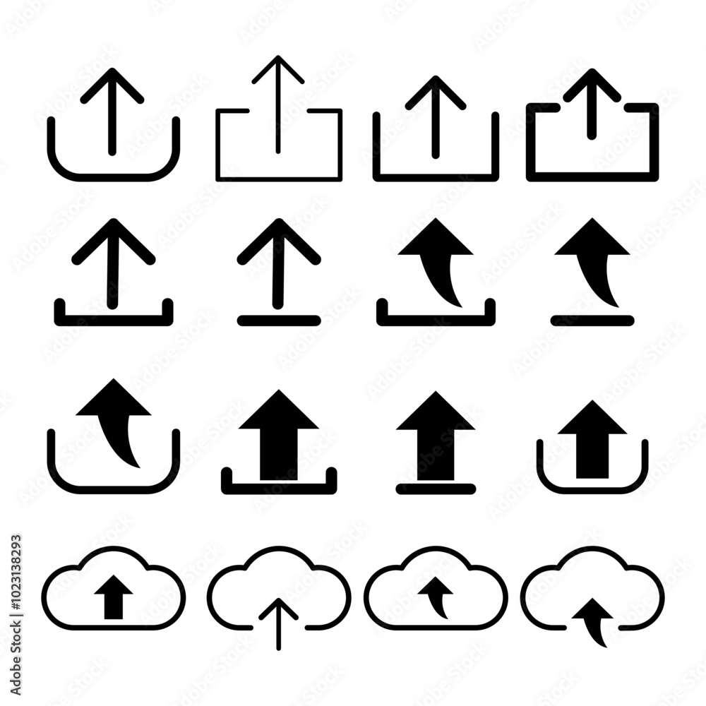 Aufkleber upload file icon collection. various upload symbols set. elements for web site or application. vecto