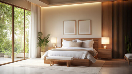 A serene bedroom featuring wooden bed, soft white linens, and natural light streaming through large windows. space is adorned with plants, creating calming atmosphere