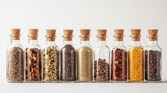 A set of neatly arranged glass bottles filled with cumin seeds, paprika, and cloves, positioned on a white background. No people.