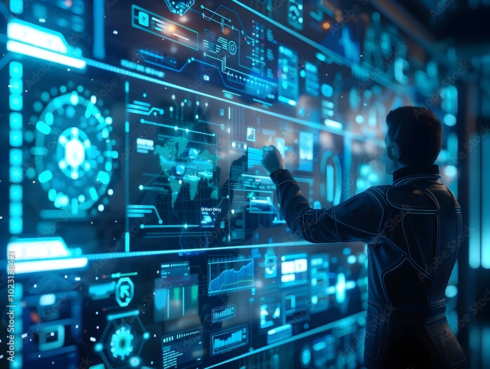Poster cybersecurity expert monitoring high tech command center with holographic visualizations of data str