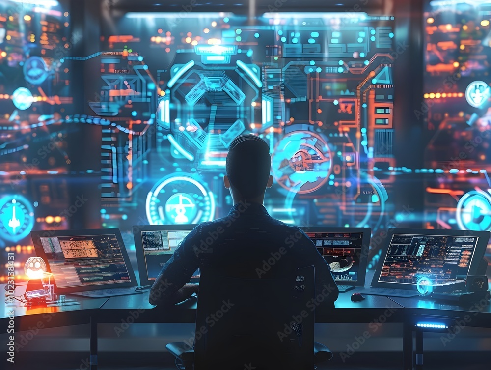 Poster cybersecurity expert monitoring high tech command center with holographic data visualizations
