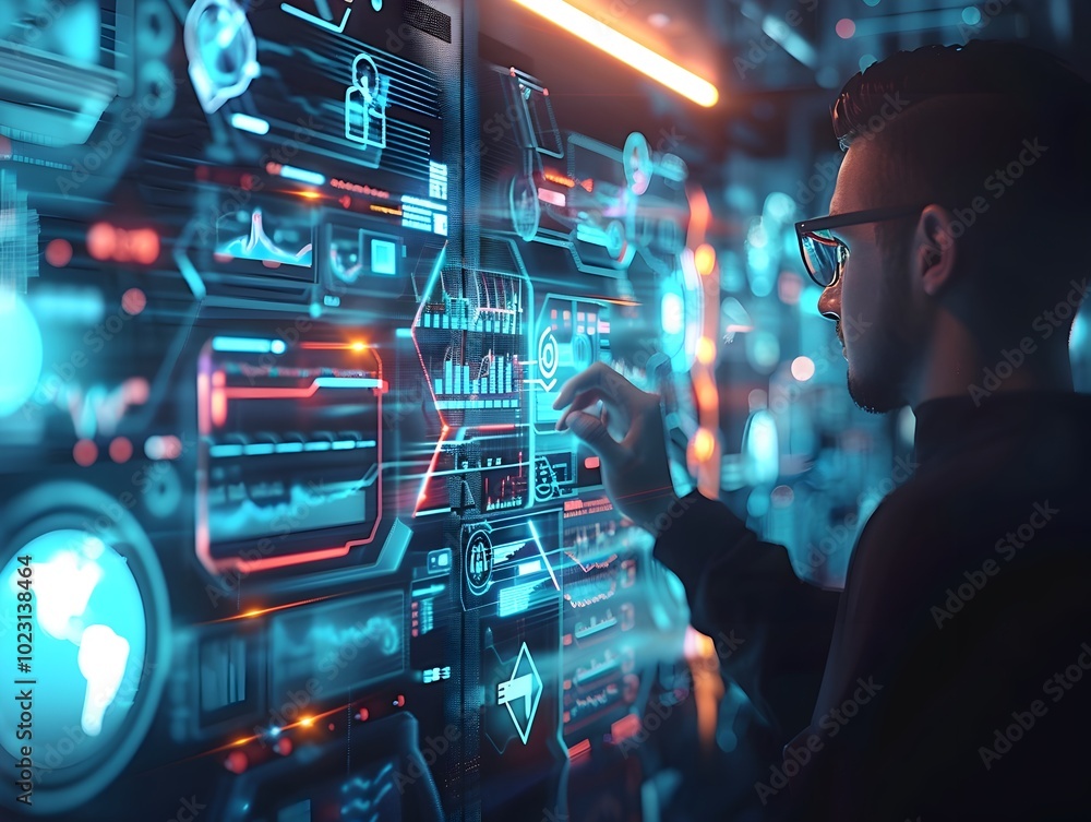 Poster cybersecurity expert analyzing holographic data streams in high tech command center