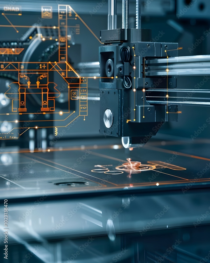 Poster 3d printer creating mechanical part with digital blueprint projection
