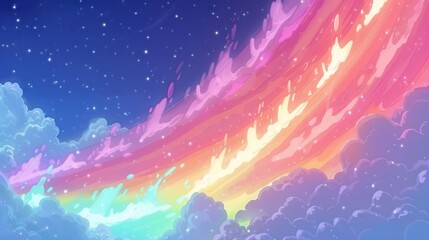 A vibrant, colorful sky filled with swirling rainbow hues and twinkling stars.