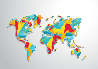 World map with a colorful, geometric pattern made of triangles. Perfect for travel, diversity, and global themes.