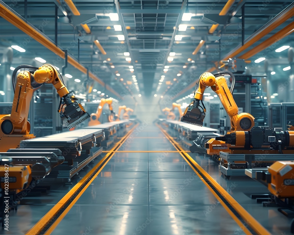 Poster cutting edge factory automation with smart ai powered robots optimizing precision manufacturing work