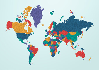 World map with a colorful, geometric pattern made of triangles. Perfect for travel, diversity, and global themes.