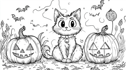 easy halloween coloring page for kids with cute cat and pumpkins 