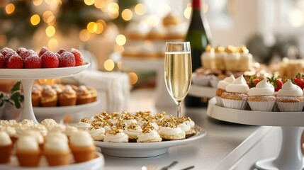 A festive dessert table is beautifully arranged with cupcakes, champagne, and sweets in a luxurious setting, ideal for celebrating special occasions in style.