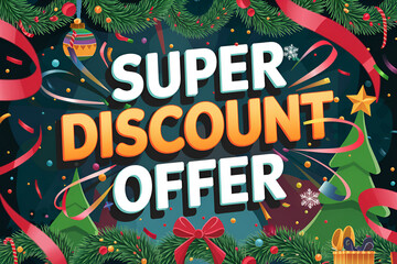 A poster with a Christmas tree and a red ribbon with the words "Super Discount Offer" written on it