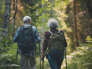 Fototapeta premium Retired Couple Enjoying Scenic Hike in Lush Forest Landscape
