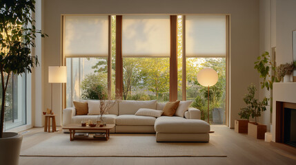 Fototapeta premium A cozy living room featuring modern sofa, large windows with natural light, and greenery outside. warm tones create serene atmosphere, perfect for relaxation