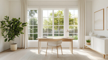 A bright and airy home office featuring wooden desk and comfortable chair, surrounded by large windows that offer view of lush garden. space is enhanced by potted plant and minimalistic decor, creatin