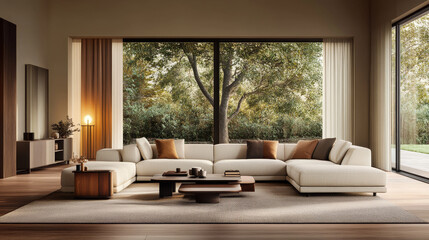 A modern living room featuring spacious white sectional sofa adorned with brown cushions, stylish coffee table, and large windows showcasing serene outdoor view. warm ambiance invites relaxation and c