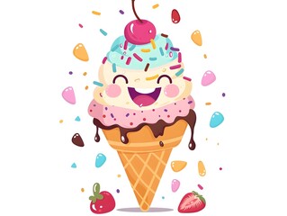 Cheerful Cartoon Ice Cream Cone with Sprinkles and Cherry on Top Ready for Summer Fun