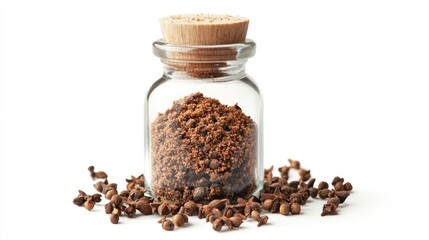 Glass bottle of ground cloves, standing on a seamless white background, with focus on the texture of the spice. No people.