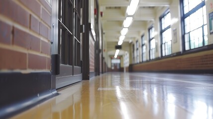 Fototapeta premium A long corridor in an old school building with gleaming wooden floors, brick walls, and large windows letting in natural light from outside