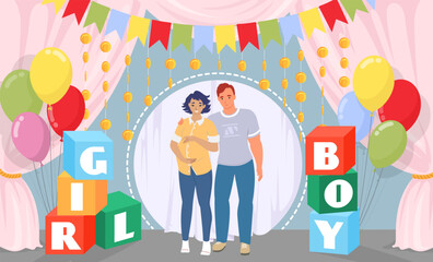Happy family in expectant of childbirth at gender party scene. Girl or boy newborn baby prediction vector illustration