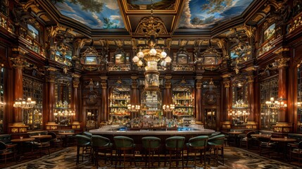 Obraz premium An ornate and lavishly decorated bar with intricate wooden carvings, grand chandeliers, and a fully stocked back bar promises an unforgettable drinking experience