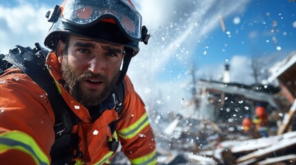 A vigilant firefighter in orange gear braces mid-action as debris splashes, capturing commitment and swiftness against the chaotic background of a disaster scene.