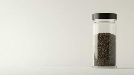 Transparent glass bottle containing ground black pepper, placed on a smooth white background with minimalist design. No people.