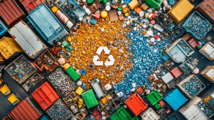 Recycling is essential for sustainable future, as shown in this aerial view of waste management facility. Colorful containers surround central recycling symbol, highlighting importance of sorting wast