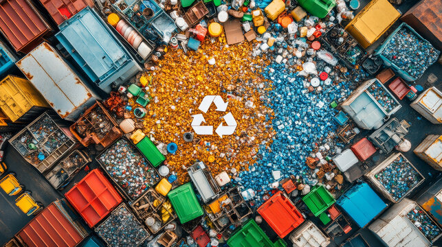 Recycling is essential for sustainable future, as shown in this aerial view of waste management facility. Colorful containers surround central recycling symbol, highlighting importance of sorting wast
